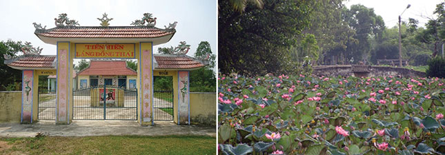 Tiền hiền làng Đồng Thái (ảnh trái) và bàu sen Hà Kiều ở làng Hà Lam.