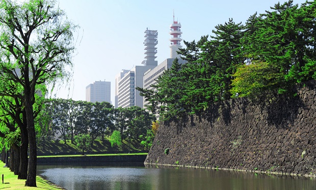  A massive stone wall and moat surrounding the site