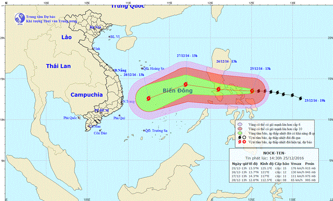 Vị trí và đường đi của bão. (Nguồn: Trung tâm Dự báo Khí tượng Thủy văn Trung ương)