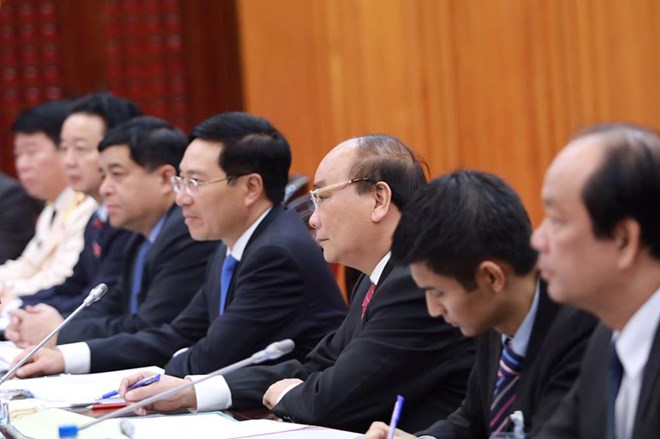 Thủ tướng Nguyễn Xuân Phúc trong cuộc hội đàm với Thủ tướng Nhật Bản Shinzo Abe. (Ảnh: Minh Sơn/Vietnam+)