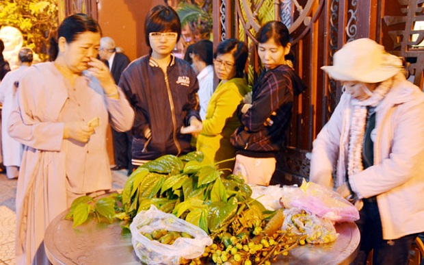 Người dân chọn mua những cành trầu 5 lá để cầu may mắn đầu năm.  People buying a branch of 5 betel leaves to pray for good luck 