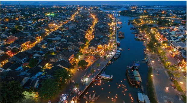 The beauty of the Hoai River at night from above