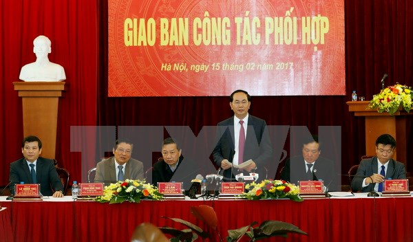 Chủ tịch nước Trần Đại Quang, Trưởng Ban Chỉ đạo Cải cách Tư pháp Trung ương dự và phát biểu chỉ đạo. (Ảnh: Nhan Sáng/TTXVN)