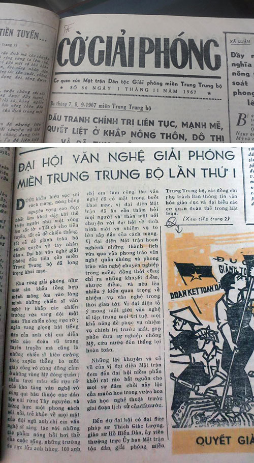 Bài viết về Đại hội Văn nghệ giải phóng miền Trung Trung bộ đăng trên Cờ giải phóng. (Ảnh tư liệu)