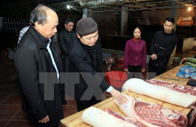 Ông Phan Xuân Dũng, Chủ nhiệm Ủy ban Khoa học, Công nghệ và Môi trường của Quốc hội kiểm tra thực tế tại cơ sở giết mổ lợn tại Lạng Sơn. (Ảnh: Thái Thuần/TTXVN)
