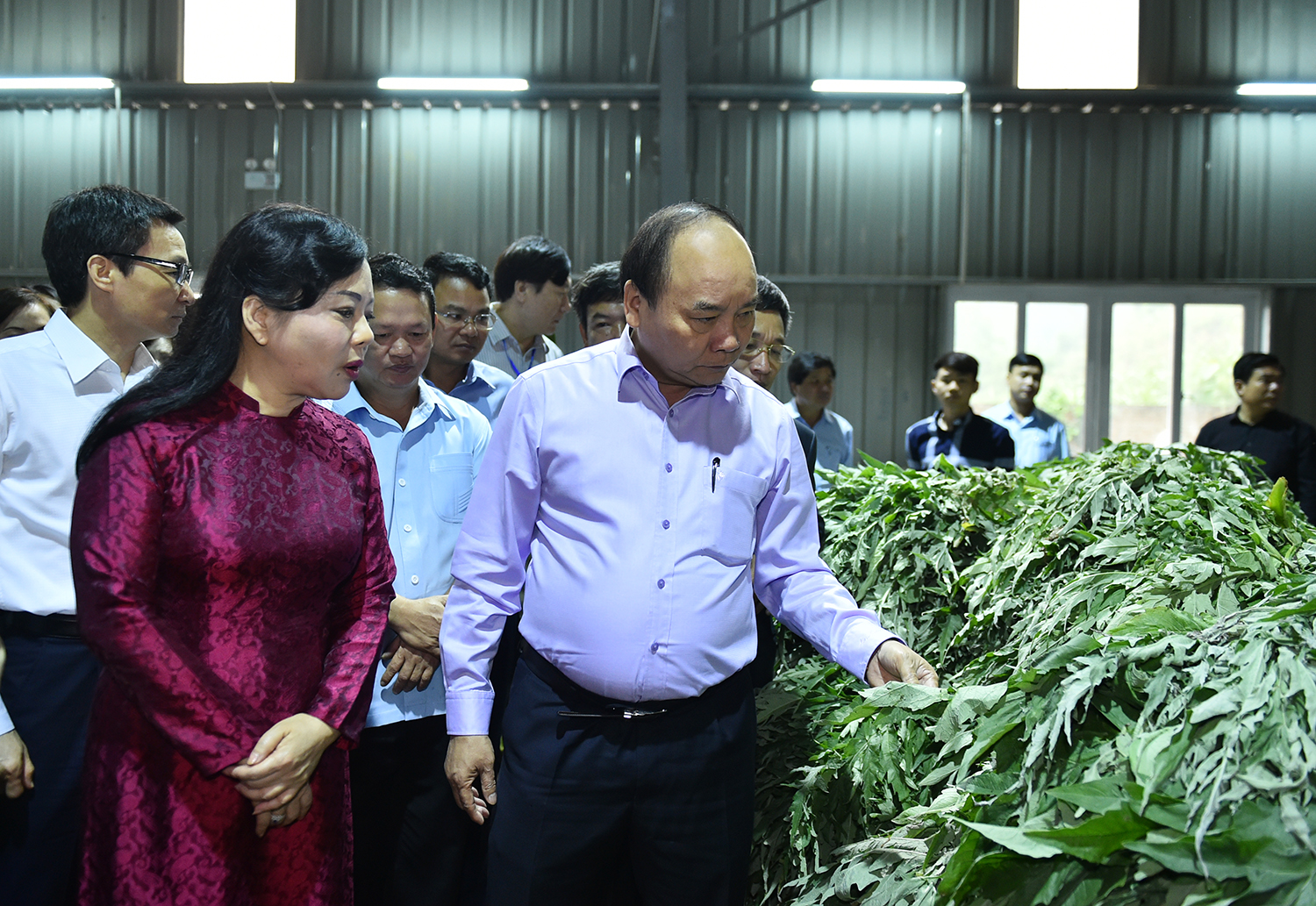 Trước khi tham dự hội nghị, Thủ tướng đã đến thăm dây chuyền sản xuất cao atiso của Công ty Traphaco Sapa tại tỉnh Lào Cai. Ảnh: VGP/Quang Hiếu