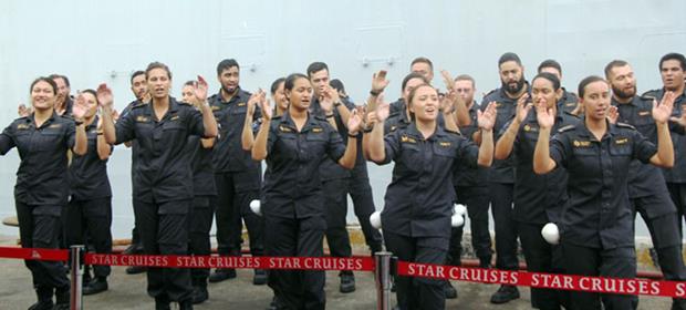   Some of the New Zealand sailors performing an exciting dance at the Tien Sa Port