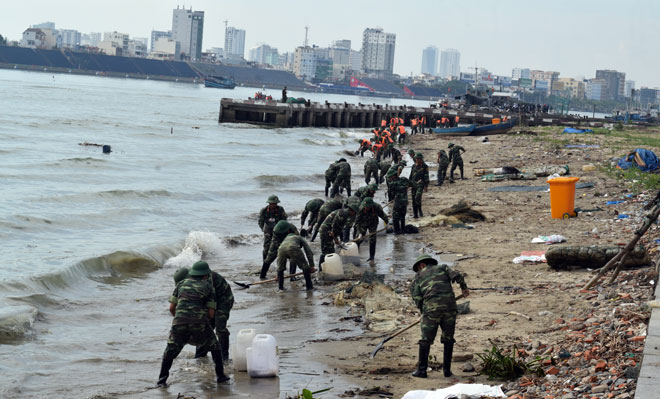 Lực lượng quân đội tham gia thu gom dầu trôi dạt vào bờ sông Hàn.