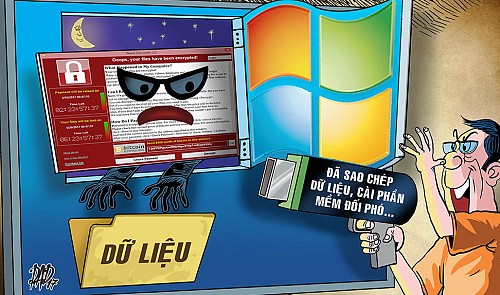 A cartoon illustrating ransomware attacks on computer data.