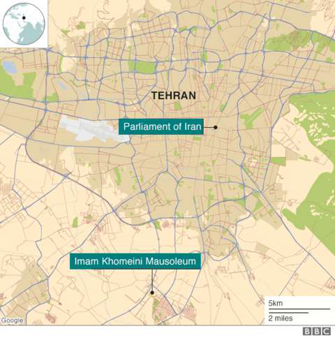 Hai vụ tấn công xảy ra tại quốc hội Iran và lăng mộ của cố lãnh đạo Khomeini (Đồ họa: BBC)