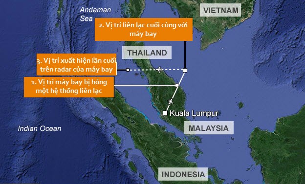 Vị trí mất tích của máy bay MH370 vào ngày 8/3/2014. (Ảnh: Dailymail)