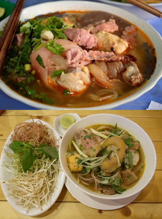 Bun bo Hue (Hue beef noodles) Hue beef noodles originally consisted of gio (pork pie), congealed pig's blood and thinly sliced beef, but now tourists in Hue can also have their noodles with slightly boiled beef or cha (fried pork) for VND30,000 ($1.3) a bowl. In Saigon, many restaurants serve this type of mixed beef noodles, but the broth is a little bit sweeter to fit local tastes.