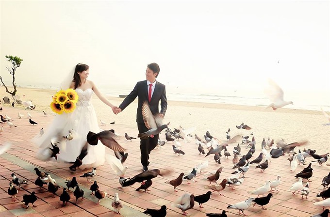 A wedding couple poses for photo on beach of Mỹ Khê in Đà Nẵng. — VNS Photo Lan Anh Read more at http://vietnamnews.vn/life-style/379232/wedding-fashion-show-to-stage-on-da-nang-beach.html#yRW2jo814bumSeQH.99