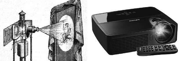 Chiếc máy đèn chiếu đầu tiên của thế giới (ảnh trên) và máy chiếu hiện đại (projector). Nguồn: Internet