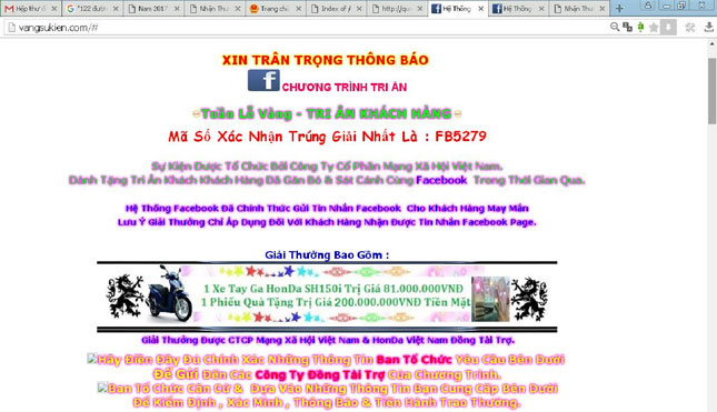 Trang Vangsukien.com có nội dung lừa đảo “trúng thưởng” để các đối tượng chiếm đoạt tài sản.