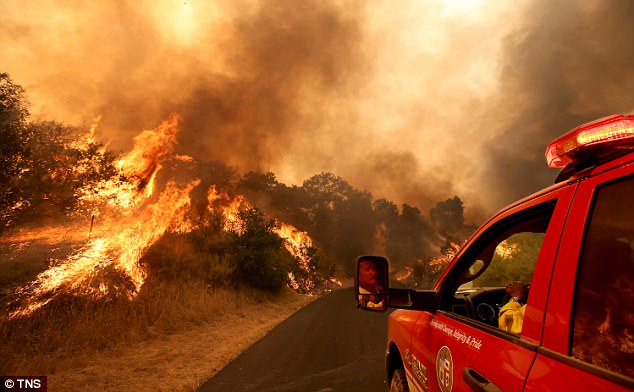 Tại bang California, tình hình cháy rừng do nắng nóng kỷ lục xảy ra khá nghiêm trọng. Tại phía Nam của bang, lửa dữ dội đã thiêu hủy 80 héc-ta rừng, khiến 90 trẻ em và 50 người tham gia một trại hè bị cô lập hôm 8/7. Bang California đã chịu cảnh hạn hán trầm trọng. Trong ảnh: Một đám cháy ở hạt Santa Barbara, bang California đã lan rộng ra gấp 3 lần chỉ trong vòng 8 giờ. (Ảnh: TNS)