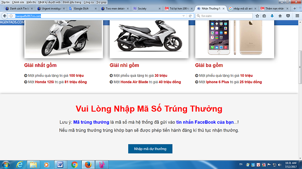 Interface of the allegedly fraudulent website at http://traoquafb2017vn.com