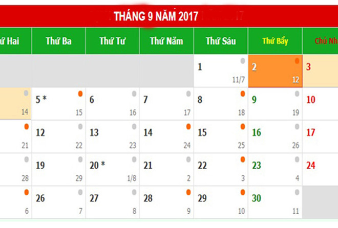 Lịch nghỉ dịp Quốc khánh 2/9 năm 2017.