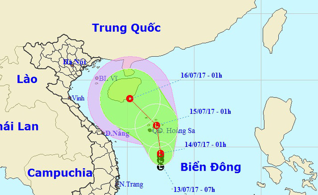 Vị trí và hướng di chuyển của vùng áp thấp nhiệt đới (Ảnh: NCHMF).