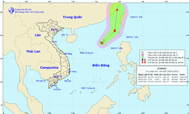 Vị trí và đường đi của áp thấp nhiệt đới. (Nguồn: Trung tâm Dự báo Khí tượng Thủy văn Trung ương)