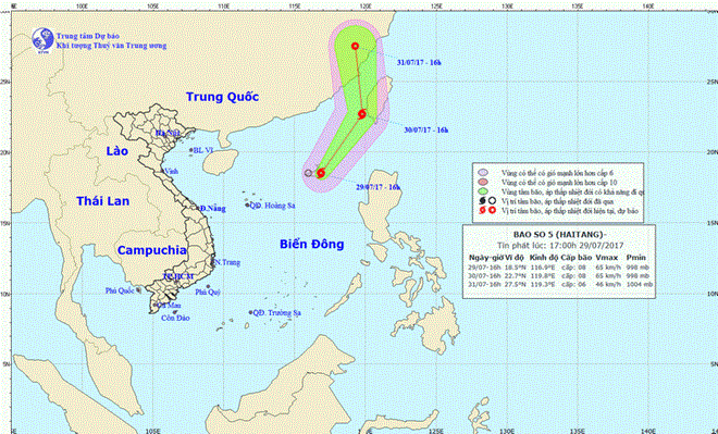 Vị trí và đường đi của bão số 5. (Nguồn: Trung tâm Dự báo Khí tượng Thủy văn Trung ương)