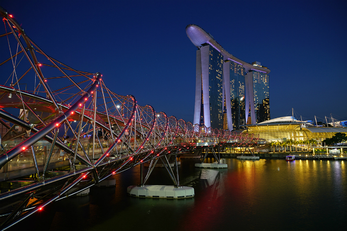 Marina Bay and the renowned Marina Bay Sands towers in Singapore.