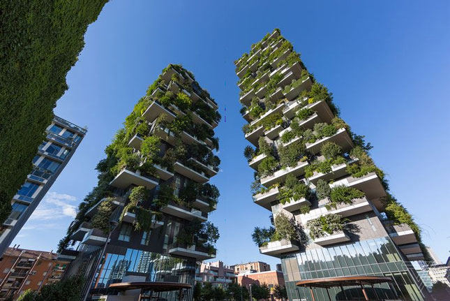 20.000 cây lớn nhỏ ở tòa tháp đôi ở Milan, giúp hấp thụ carbon dioxide và cung cấp oxy.