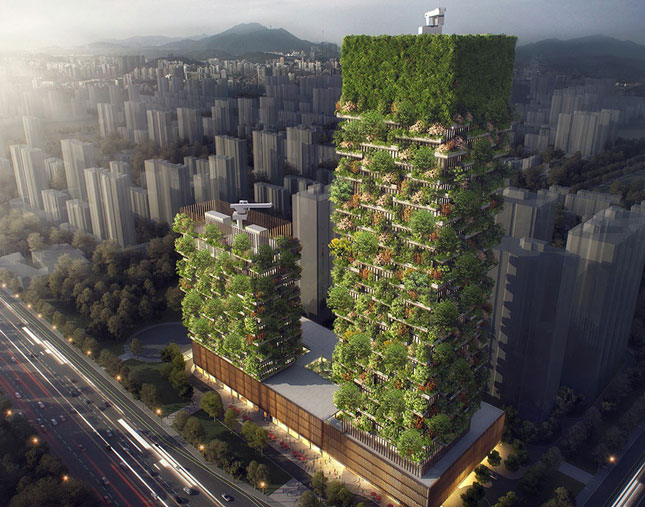Hai tòa nhà ở Nam Kinh (Trung Quốc) sẽ hoàn tất vào năm 2018 với 1.000 cây lớn và 2.500 cây bụi từ 23 loại giống địa phương.