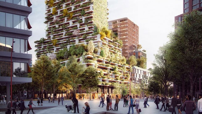 Tòa nhà cao 90m ở Utrecht (Hà Lan) được  Stefano Boeri thiết kế 360 cây lớn và gần 10.000 cây bụi và hoa ở ban công và mặt tiền.