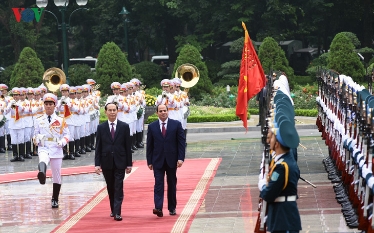 Chủ tịch nước Trần Đại Quang và Tổng thống El Sisi duyệt đội danh dự quân đội nhân dân Việt Nam.