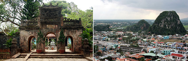 Tương truyền, chùa Tam Thai trên ngọn Thủy Sơn (ảnh trái) là nơi em gái vua Minh Mạng lần đầu tiên đến ẩn tu, sau đó chuyển đến một hang động ở dưới chân núi Dương Hỏa Sơn (ngọn núi ở giữa trong ảnh phải). Ảnh: V.T.L