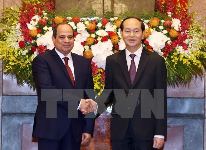 Egyptian President Abdel Fattah el-Sisi (L) meets President Tran Dai Quang. His visit to Vietnam laid a foundation for developing bilateral cooperation in politics, economy, culture, education, security and counter-terrorism. (Photo: VNA)