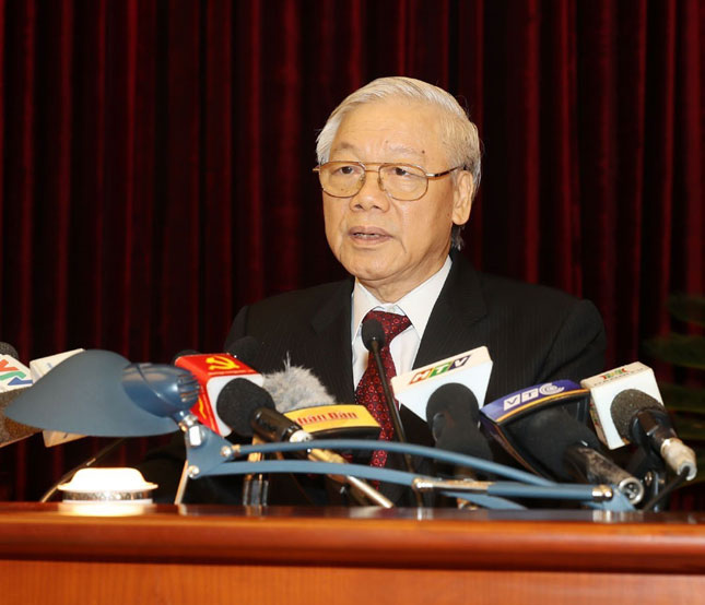 Tổng Bí thư Nguyễn Phú Trọng phát biểu bế mạc hội nghị. 			                                Ảnh: TTXVN