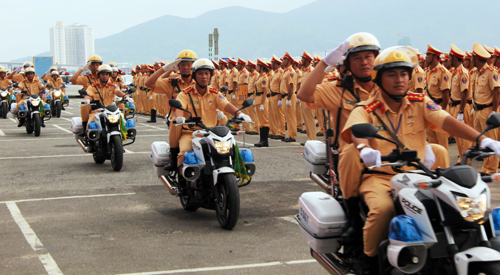 Traffic police officers along with their specialised motorcycles