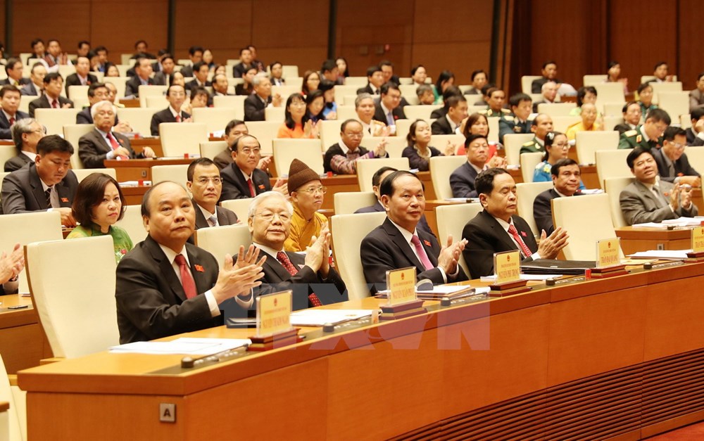 Tổng Bí thư Nguyễn Phú Trọng và các đồng chí lãnh đạo Đảng, Nhà nước, các đại biểu Quốc hội dự lễ khai mạc kỳ họp. 
