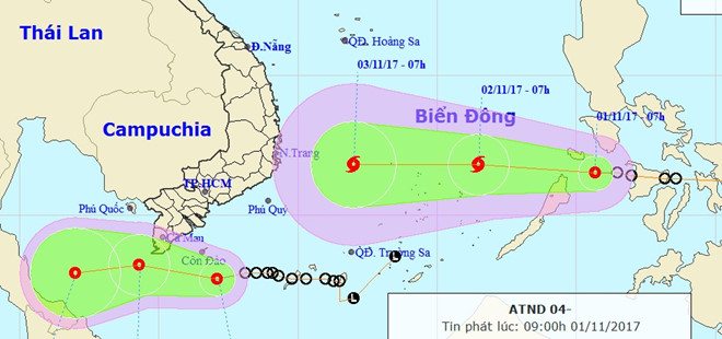 The predicted paths of the 2 tropical depressions (Photo: NCHMF)