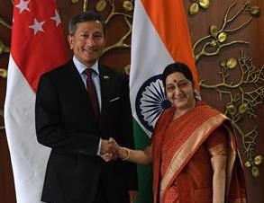 Singaporean Minister for Foreign Affairs Vivian Balakrishnan (L) shakes hands with his Indian counterpart Sushma Swaraj (Source: VNA)