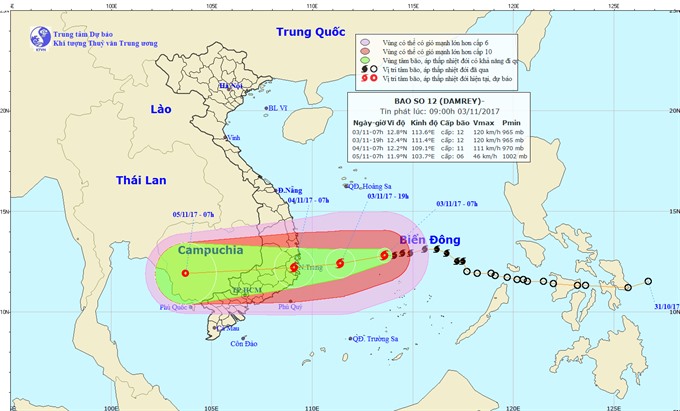 The movement of storm Damrey. — Photo National Centre for Hydro-meteorological Forecasting Read more at http://vietnamnews.vn/society/416814/storm-damrey-strengthens-to-level-15.html#5VzQbye1FQ5jgKh8.99