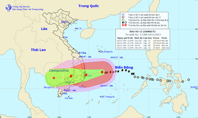 Bão số 12 sẽ cập bờ biển các tỉnh từ Phú Yên đến Ninh Thuận vào sáng 4-11 với sức gió giật cấp 15.