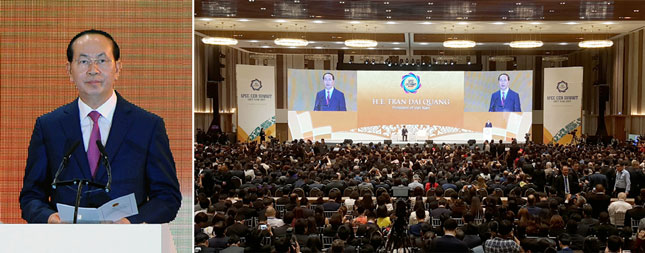  Chủ tịch nước Trần Đại Quang phát biểu tại Hội nghị Thượng đỉnh Doanh nghiệp APEC (CEO Summit). 		           Ảnh: ĐẶNG NỞ
