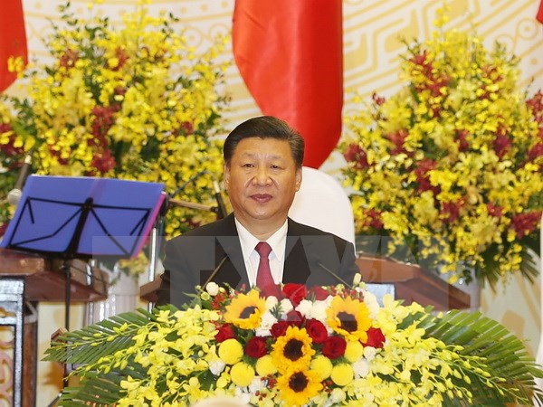 Tổng Bí thư, Chủ tịch Trung Quốc Tập Cận Bình đọc Diễn văn đáp từ. (Ảnh: Trí Dũng/TTXVN)