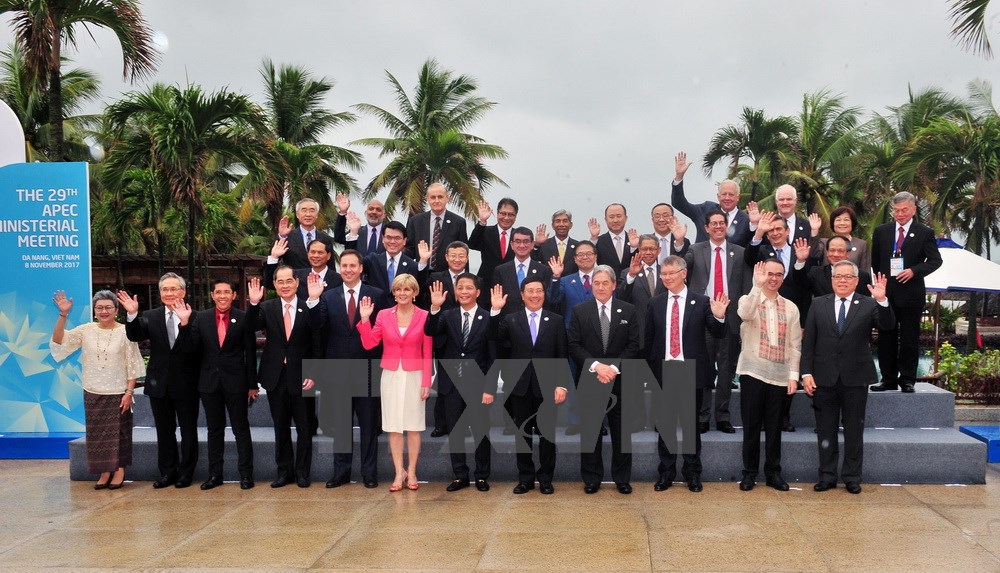 Phó Thủ tướng, Bộ trưởng Ngoại giao Phạm Bình Minh; Bộ trưởng Công Thương Trần Tuấn Anh cùng các Trưởng đoàn tham dự Hội nghị liên Bộ trưởng Ngoại giao - Kinh tế APEC (AMM) lần thứ 29 chụp ảnh chung. (Ảnh: TTXVN)