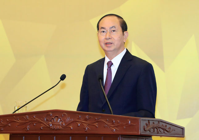 Chủ tịch nước Trần Đại Quang phát biểu tại lễ tổng kết Năm APEC Việt Nam 2017. Ảnh: TTXVN
