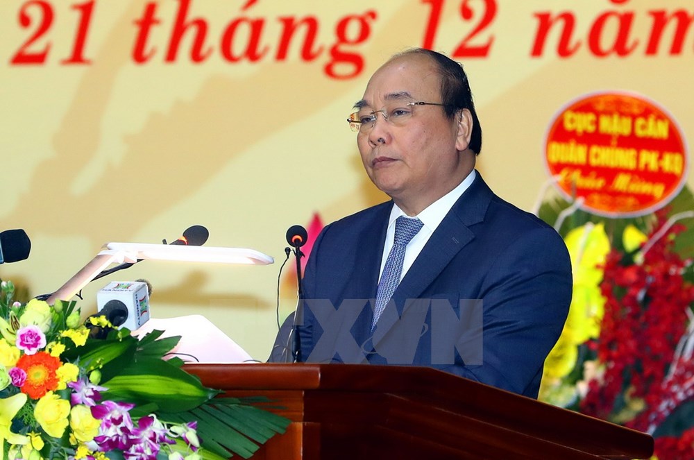 Thủ tướng Nguyễn Xuân Phúc phát biểu tại lễ míttinh. (Ảnh: Thống Nhất/TTXVN)