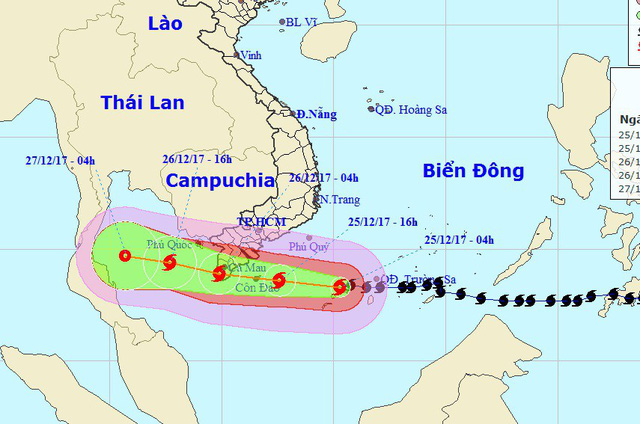 Typhoon Tembin is changing its direction and heading towards Ca Mau. Source: The National Committee for Search and Rescue 