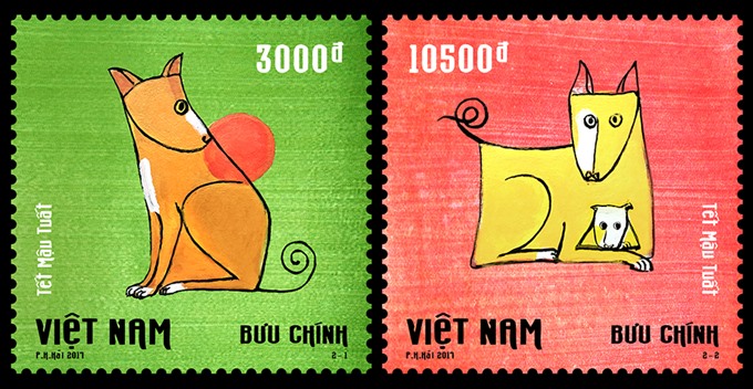 The use of bright and bold colours intends to rouse in people festive feelings and merry wishes for the upcoming Lunar New Year. — Photo vnpost.vn Read more at http://vietnamnews.vn/life-style/420752/new-stamps-welcome-year-of-the-dog.html#DYWHhqwuR4QUIGik.99