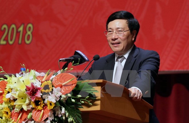 Phó Thủ tướng, Bộ trưởng Bộ Ngoại giao Phạm Bình Minh đến dự và phát biểu tại Hội nghị. (Ảnh: Nguyễn Khang/TTXVN)