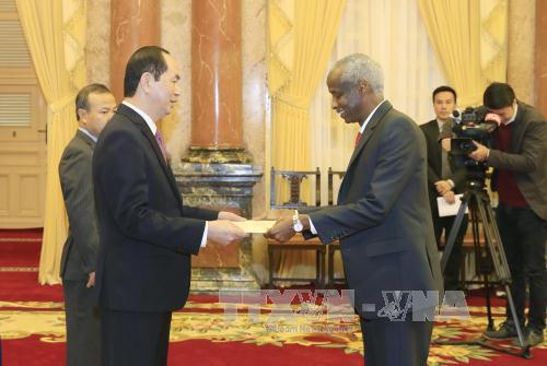 Đại sứ Cộng hòa Sudan Mohamed Elmurtada Mubarak Ismail trình Quốc thư lên Chủ tịch nước Trần Đại Quang. Ảnh: Nhan Sáng/TTXVN