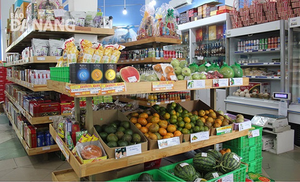 Various types of fruits being displayed at the Intimex Supermarket