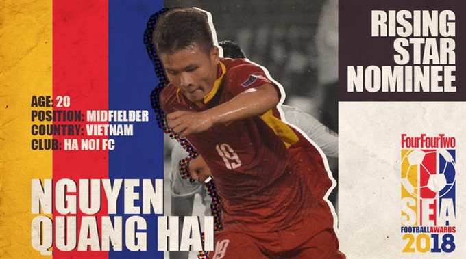 Nguyễn Quang Hải of Việt Nam is one of five candidates for the ASEAN Best Young Player of the Year Award by fourfourtwo.com Read more at http://vietnamnews.vn/sports/422651/vietnamese-players-nominated-for-asean-football-awards.html#zJpb8SyOzb28CvtC.99